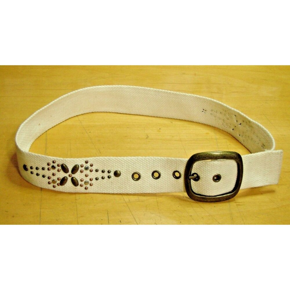 Womens White Canvas Nylon Studded Floral Belt Buckle Size 9 Brass Siver Copper